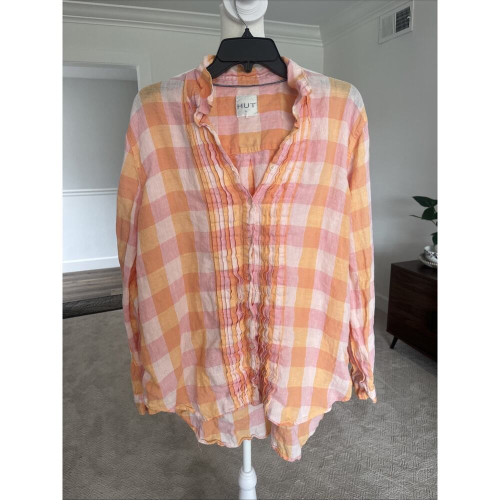 Womens Linen Plaid Button Down Shirt Pink Orange Lightweight Long Sleeve Size L